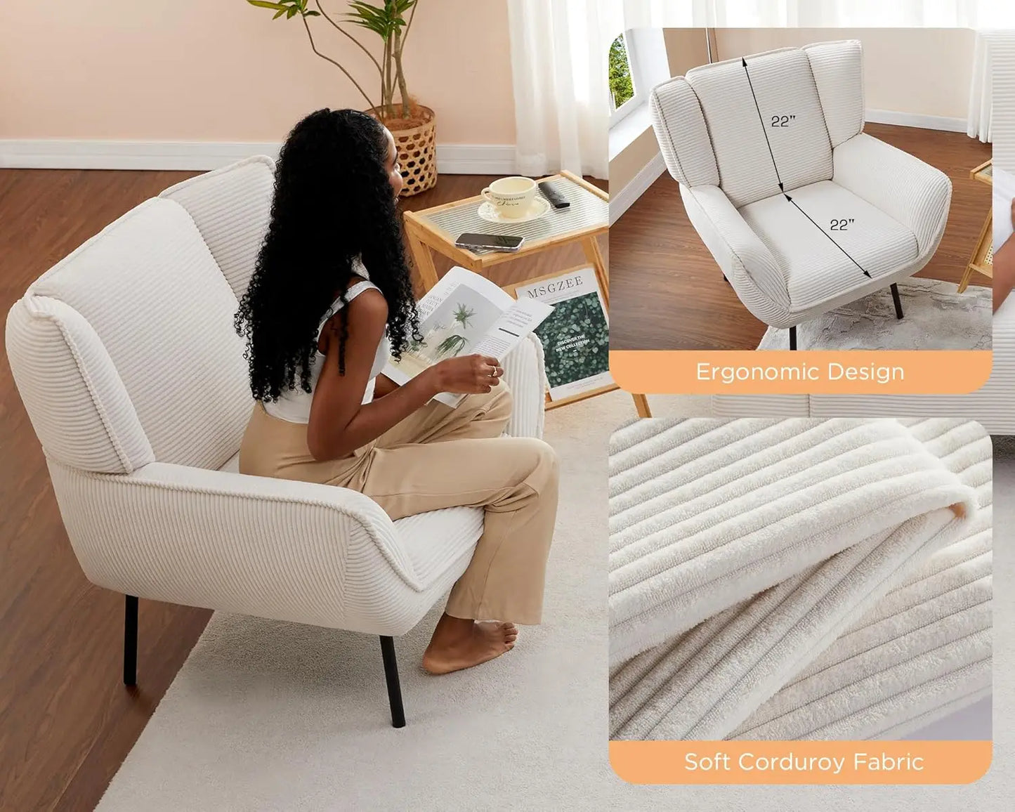 Accent Chair- Upholstered Living Room Chair with High Wingback, White Reading Armchair for Bedroom, Comfy Corduroy, Customized