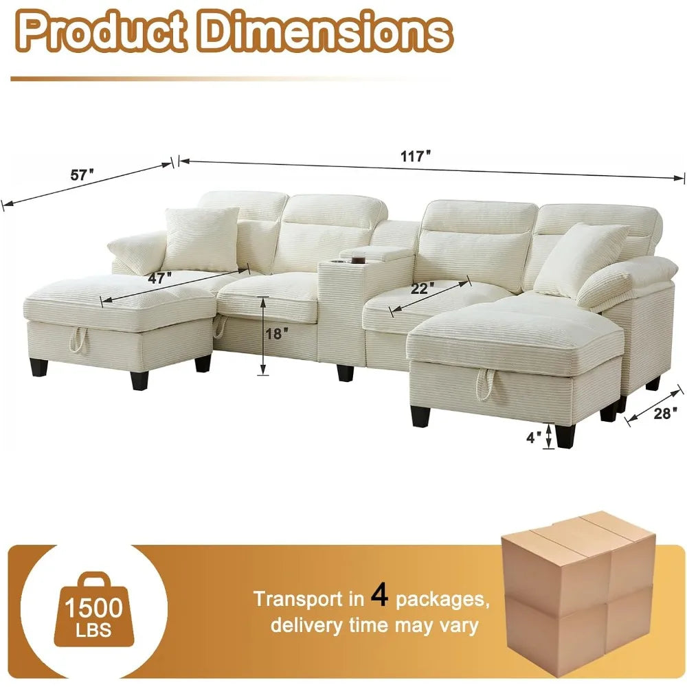 117 Inch Sofa Couch,Sectional Couches for Living Room with 2 Cup Holders,Corduroy Modular Sectional Sofa with Movable