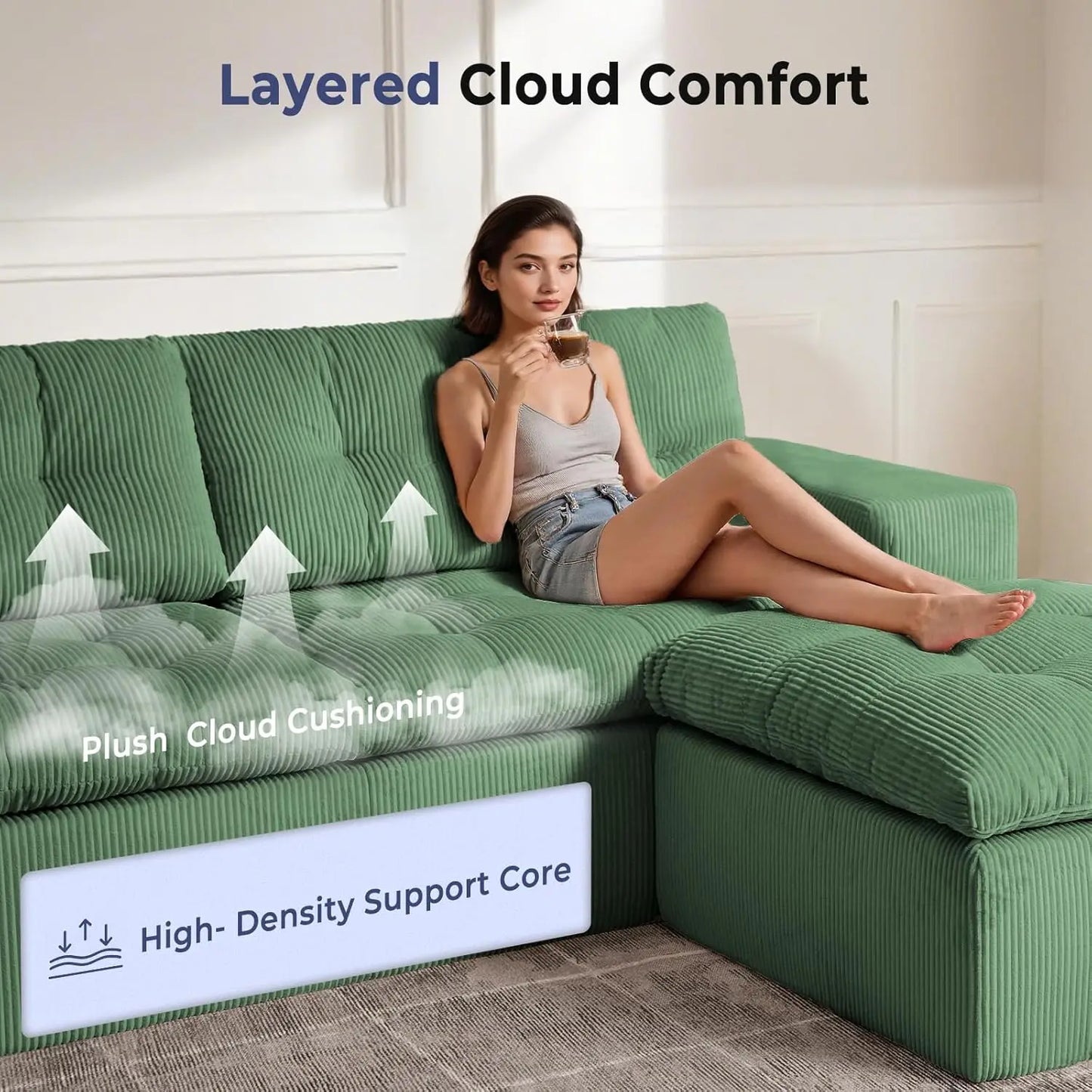 Cloud Sectional Boneless Sofa with Ottoman, Modular L Shaped Couch with Layered Cushion, Fluffy Comfy Couches for, Customized