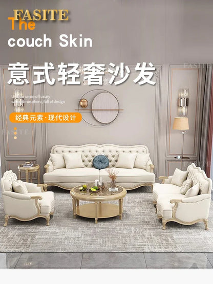 Leather sofa combined living room size apartment Italian light luxury high-end luxury solid wood furniture