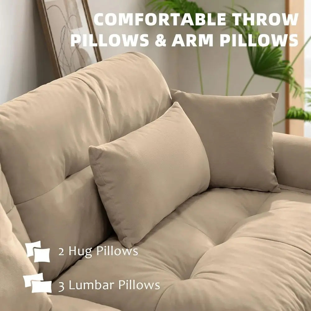 Camel Velvet 3-Seat Cloud Sectional Sofa with Ottoman, 130 L-Shaped Couch for Family Living Room, Pet-Friendly, Deep Seating, Hi