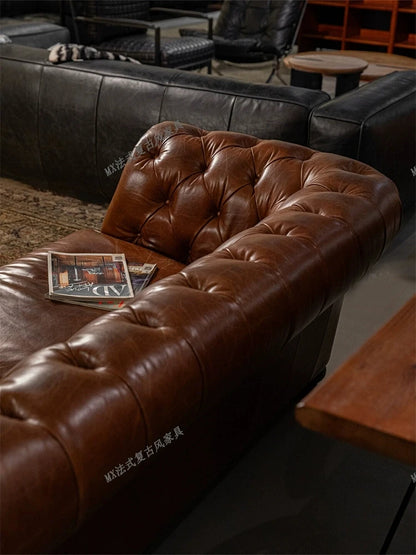French vintage style button-tufted sofa, classic American cigar bar Burton sofa, mid-century whiskey straight-line sofa