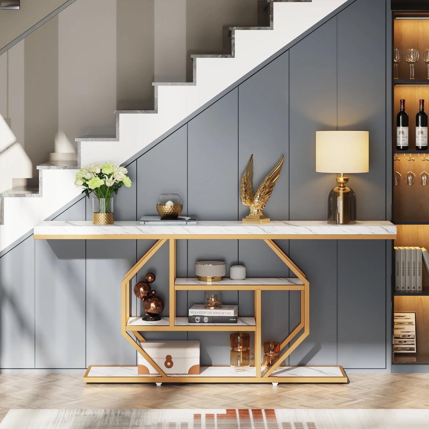 Tribesigns Console Table, Modern Gold Sofa Table Behind Couch with Storage, 4 Tier Entryway Accent Table