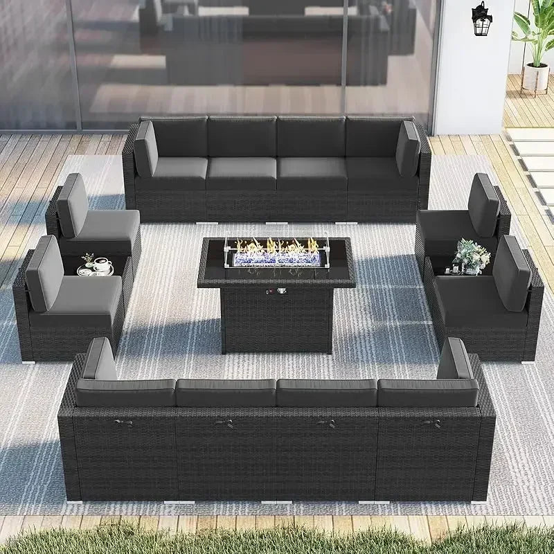 PatioLix 8 Piece Patio Furniture with 44"Propane Gas Fire Pit Table. Outdoor Sectional Conversation Set Wicker Rattan Sofa
