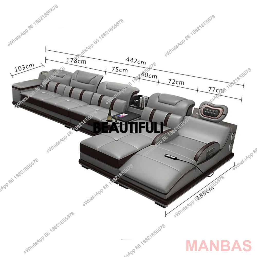 Italy Genuine Leather Sectional Sofa with Bluetooth Speaker,Functional Headrest,Massage Chaise | L Shape Corner Couch