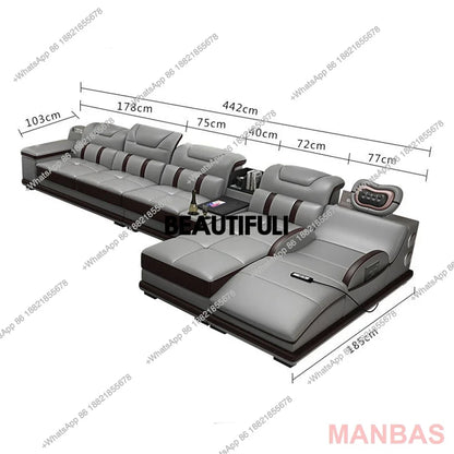 Italy Genuine Leather Sectional Sofa with Bluetooth Speaker,Functional Headrest,Massage Chaise | L Shape Corner Couch