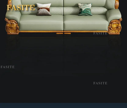 European ebony leather sofa large apartment luxury villa home living room new Chinese furniture solid wood carved fish