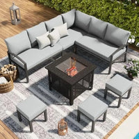 PatioLix Outdoor Patio Furniture Set: 30-Inch Fire Pit Table, Sectional Sofa, Dining Table & Chairs with Ottoman, Light Gray Cushions