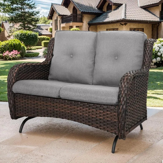 Patio Loveseat Wicker Loveseat Rattan Glider Sofa with Curved Armrest Thicking Back & Seat Cushions for Garden Balcony Backyard