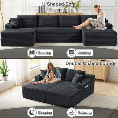 133.5" Boneless Sectional Couch with Cup Holder, U Shaped Sofa with Chaise, Oversized Modular Couch with Deep Seat, Comfy Cordur