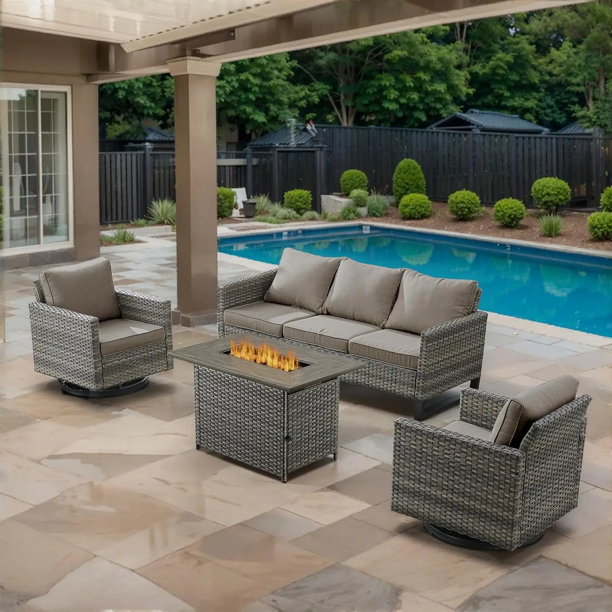 7 Piece Wicker Patio Furniture Set - Outdoor Swivel Rocker Chairs Set with Coffee Table, Side Table, 3 Seat Sofa & Ottomans, Sma