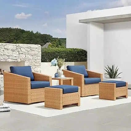 Furniture 5 Pieces Swivel Wicker Patio Furniture Set, Outdoor Conversation Set With 2 Pieces Rattan Swivel Chairs, 2 Pieces