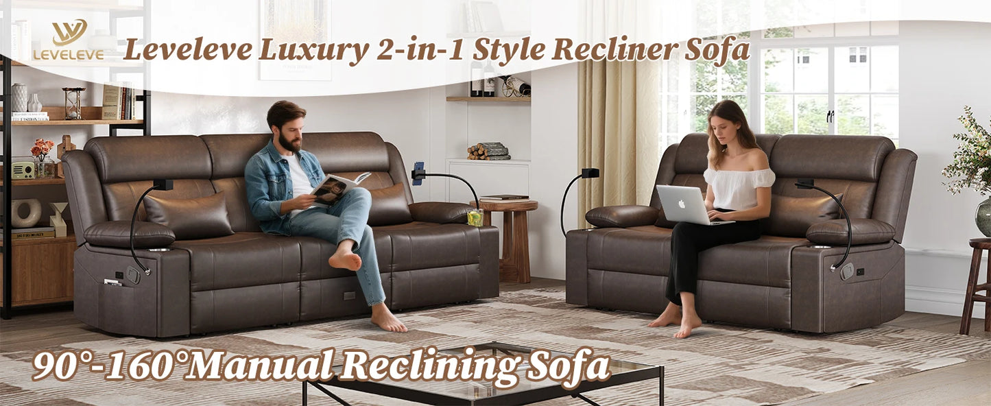 LEVELEVE Home Theater Seating，RV Reclining Sofa Set with Adjustable Headrest， Recliner Sofa with Heat and USB&Type-C, Dawer