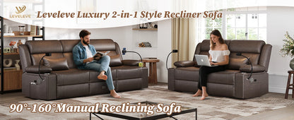 LEVELEVE Home Theater Seating，RV Reclining Sofa Set with Adjustable Headrest， Recliner Sofa with Heat and USB&Type-C, Dawer