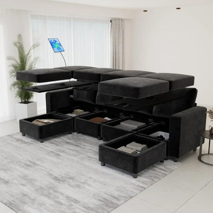 Nordic 108" Sectional Sofa Black Modular Storage U Shaped Couch with Two, 6 Pieces Convertible, USB Chargers Armest