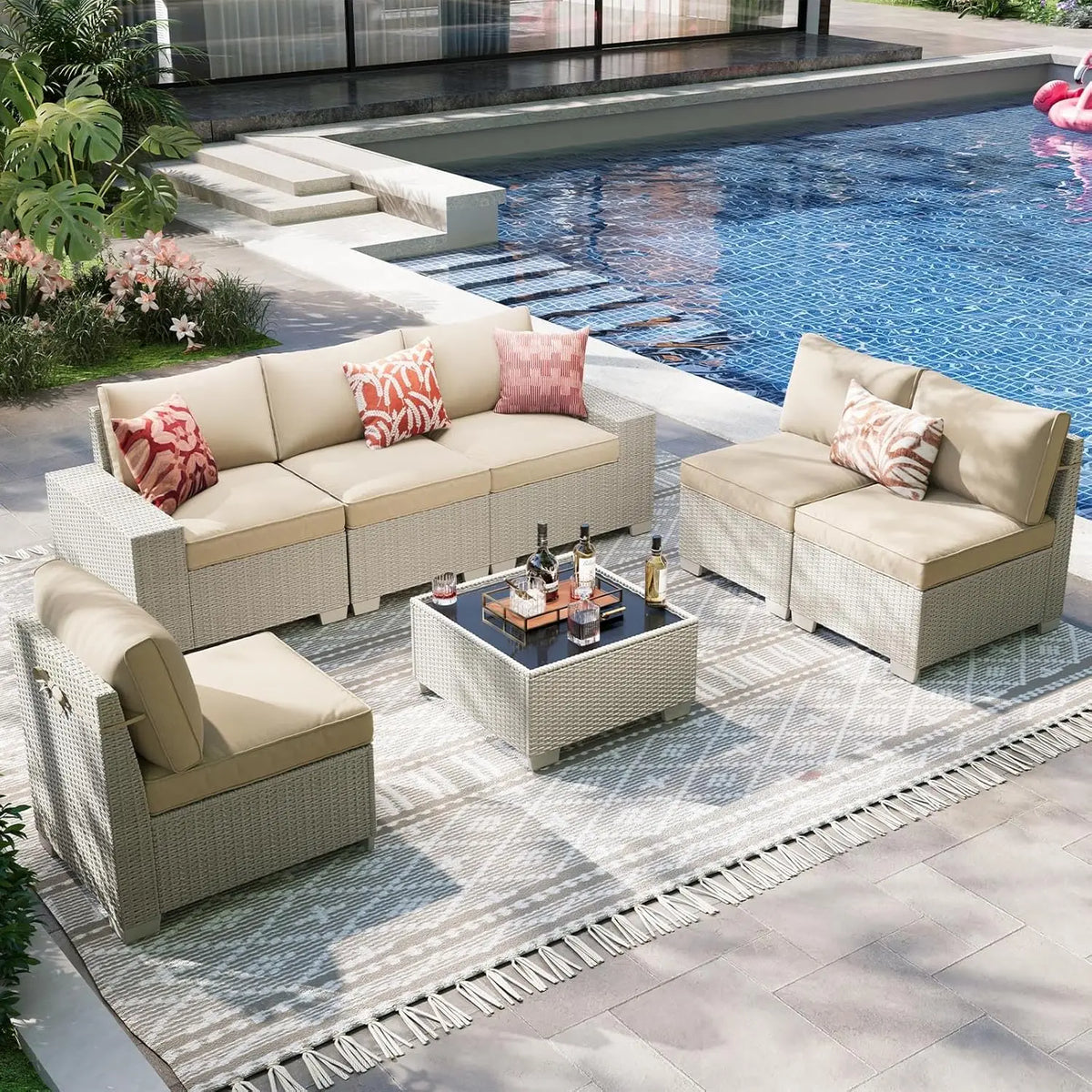 7 Pieces Outdoor Patio Furniture Set, Outdoor Sectional Furniture Set, All-Weather PE Rattan Wicker Sofa with, Customized