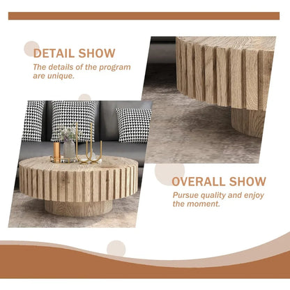 Round Wood Coffee Table for Living Room Modern Rustic Fluted Solid Wood Coffee Table Pedestal Center Table Circle Tea Tables