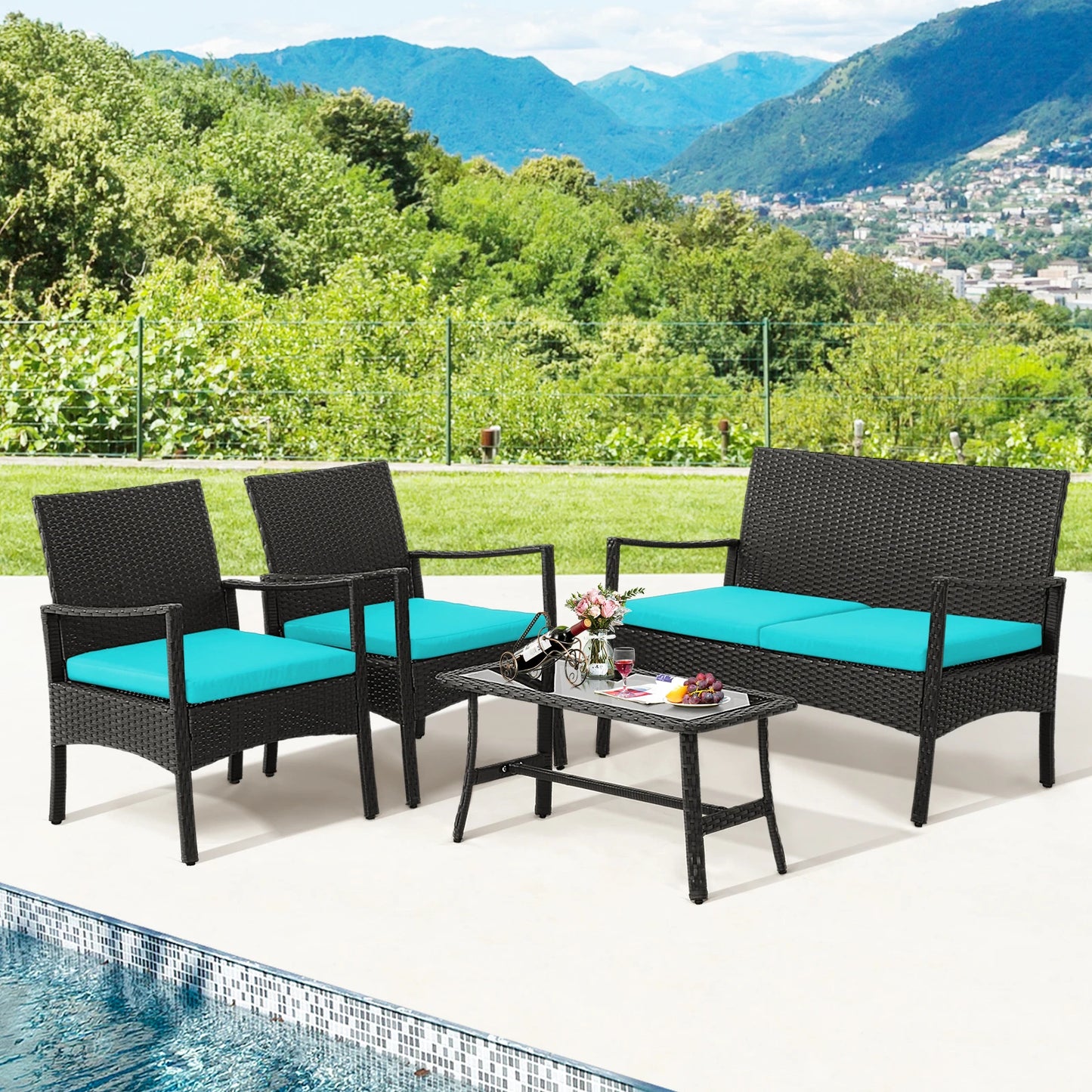 4PCS Patio Wicker Furniture Set Cushioned Chairs& Loveseat with Coffee Table Garden