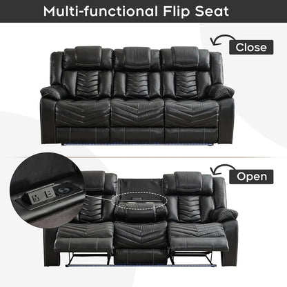 3 Seats Manual Reclining Sofa with Wireless Charger,LED Floor Lights, Drop-down Table, USB/Type-C Port (M073)