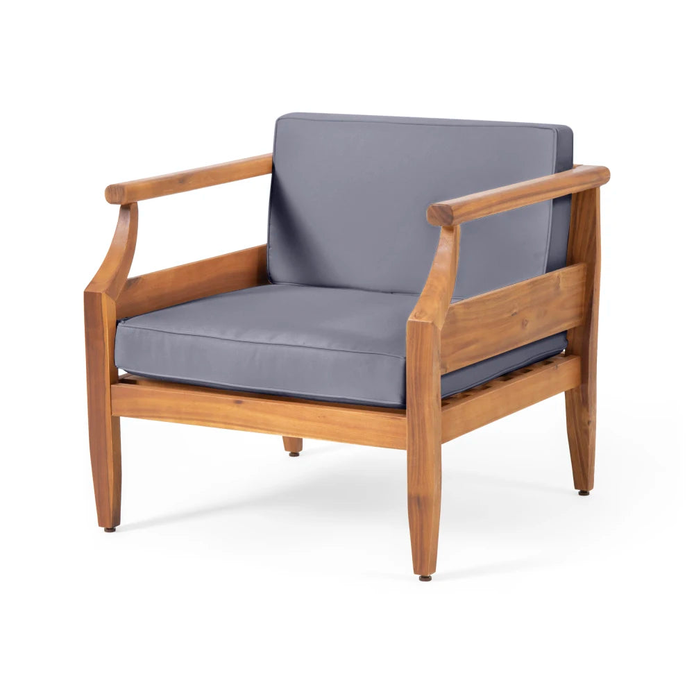 Outdoor Acacia Wood Lounge Armchair with Water Resistant Cushion, Modern Club Chair for Garden Patio Backyard Poolside