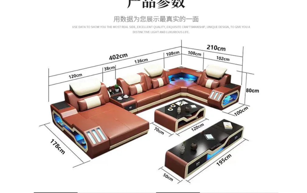 2025 High Quality Modern Luxury smart Leather Sectional Sofa Chairs Set Couch Living Room furniture Sofas With Led