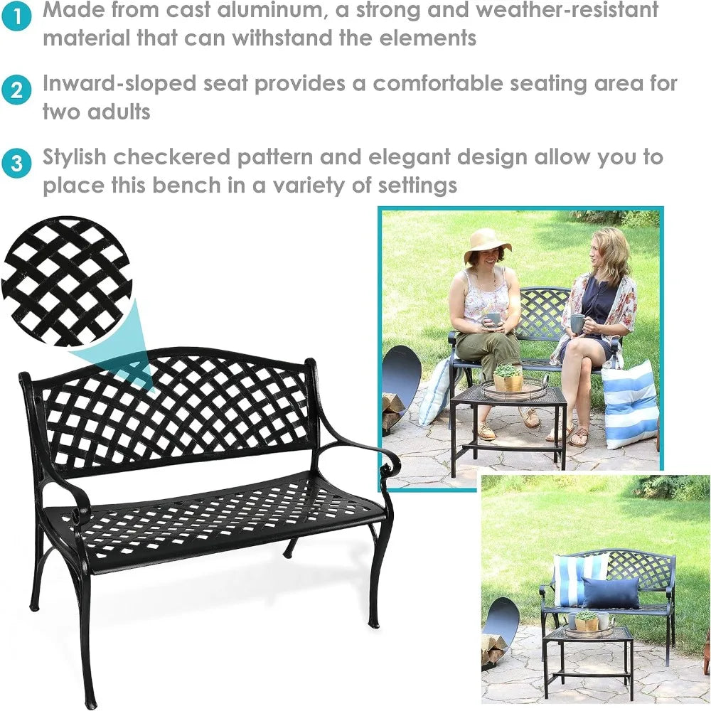 Sunnydaze 39-Inch Outdoor Bench for Patio or Park - Metal Garden Bench for Outdoors - Front Porch or Backyard Seat for Two - Bla
