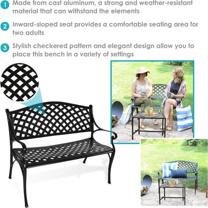 Sunnydaze 39-Inch Outdoor Bench for Patio or Park - Metal Garden Bench for Outdoors - Front Porch or Backyard Seat for Two - Bla