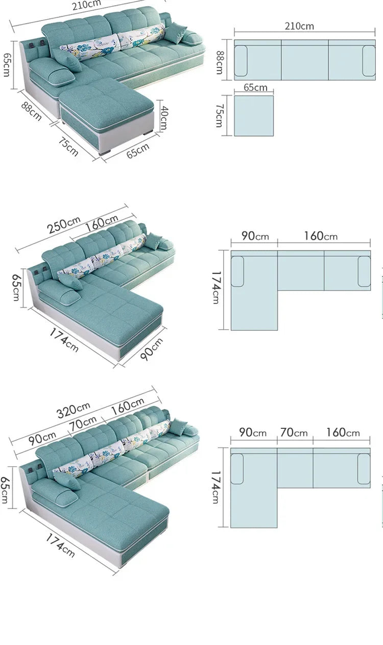 Nordic Modern Sky Blue L-Shaped Corner Sofa Soft Three Seater Loveseat and Bunk Bed Couch Set for Living Room