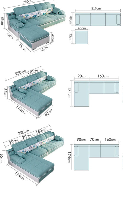 Nordic Modern Sky Blue L-Shaped Corner Sofa Soft Three Seater Loveseat and Bunk Bed Couch Set for Living Room