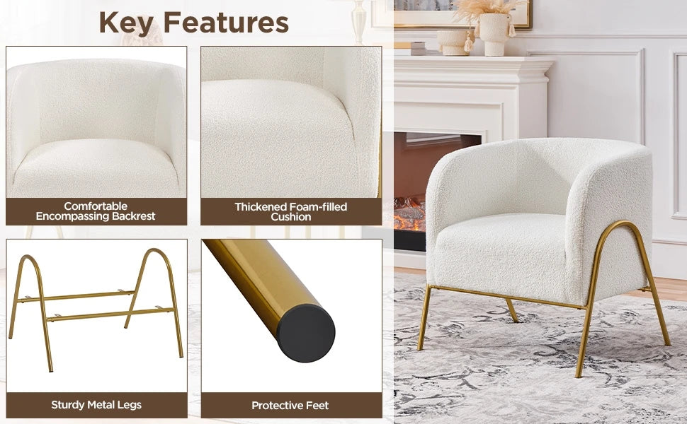 Set of 2, Armchair Set, Side Chairs for Living Room, Boucle Fabric Vanity Chairs with Gold Legs for Bedroom Office Readig Nook