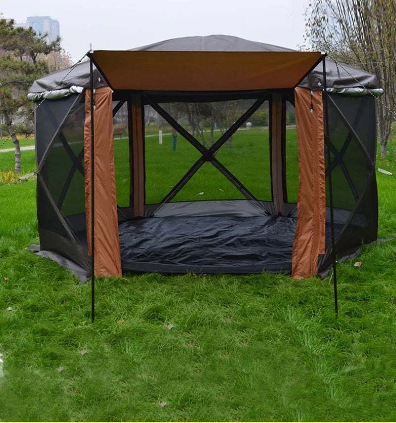 Large Space Tents Hexagonal with Awning Waterproof Camping House Tent UV Protection Family Outdoor Camping Hiking Picnic Tents