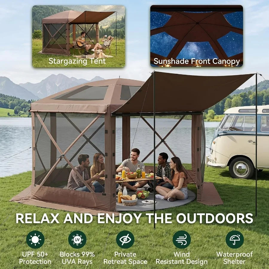Feet Canopy Tent, 6-Sided Gazebo with Detachable Top, Portable Camping Shelter with Mesh Windows, Screen House for Outdoor Pati