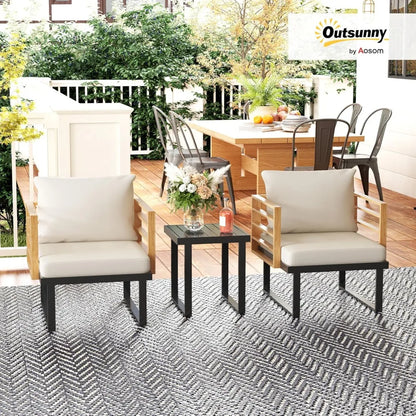 3 Pieces Outdoor Bistro Set, Small Patio Set with Cushions, Armchairs and Slatted Metal Top Table, Metal Patio Furniture Set.