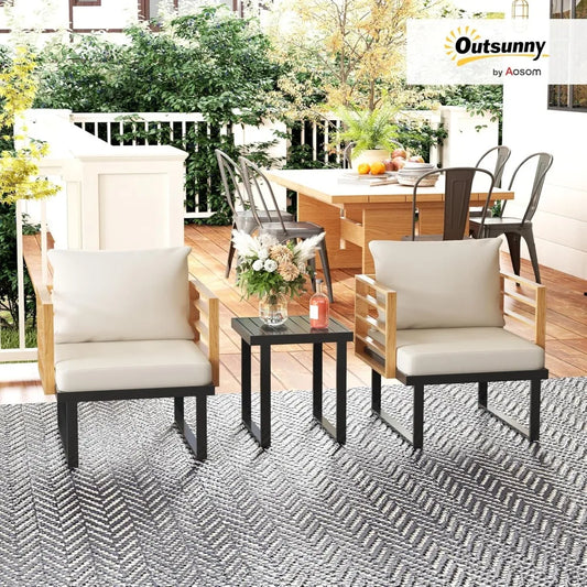 3 Pieces Outdoor Bistro Set, Small Patio Set with Cushions, Armchairs and Slatted Metal Top Table, Metal Patio Furniture Set.