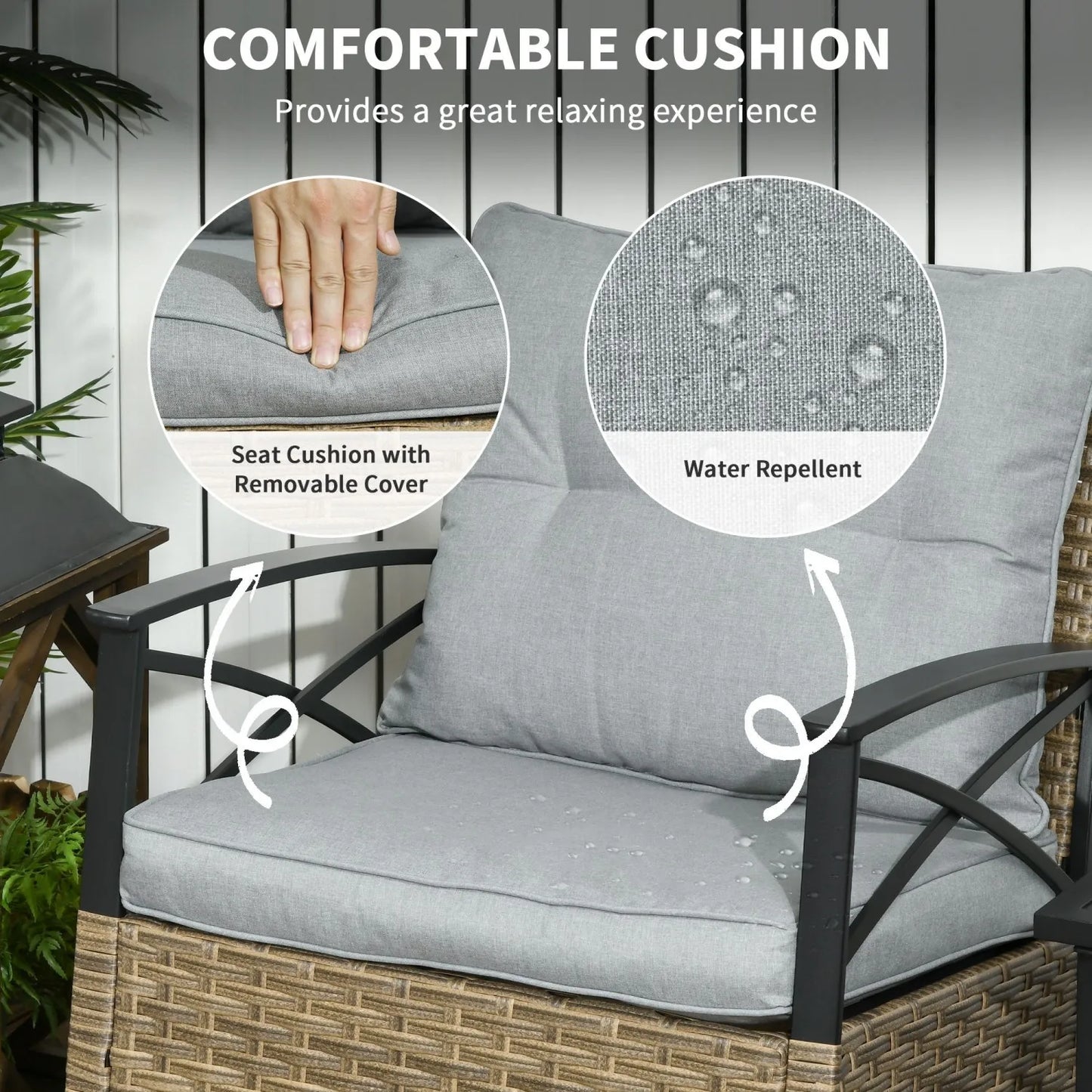 Outsunny Rocking Bistro Set 3PC Wicker Outdoor  with Rocker Chairs Cushions Coffee Table Light Grey