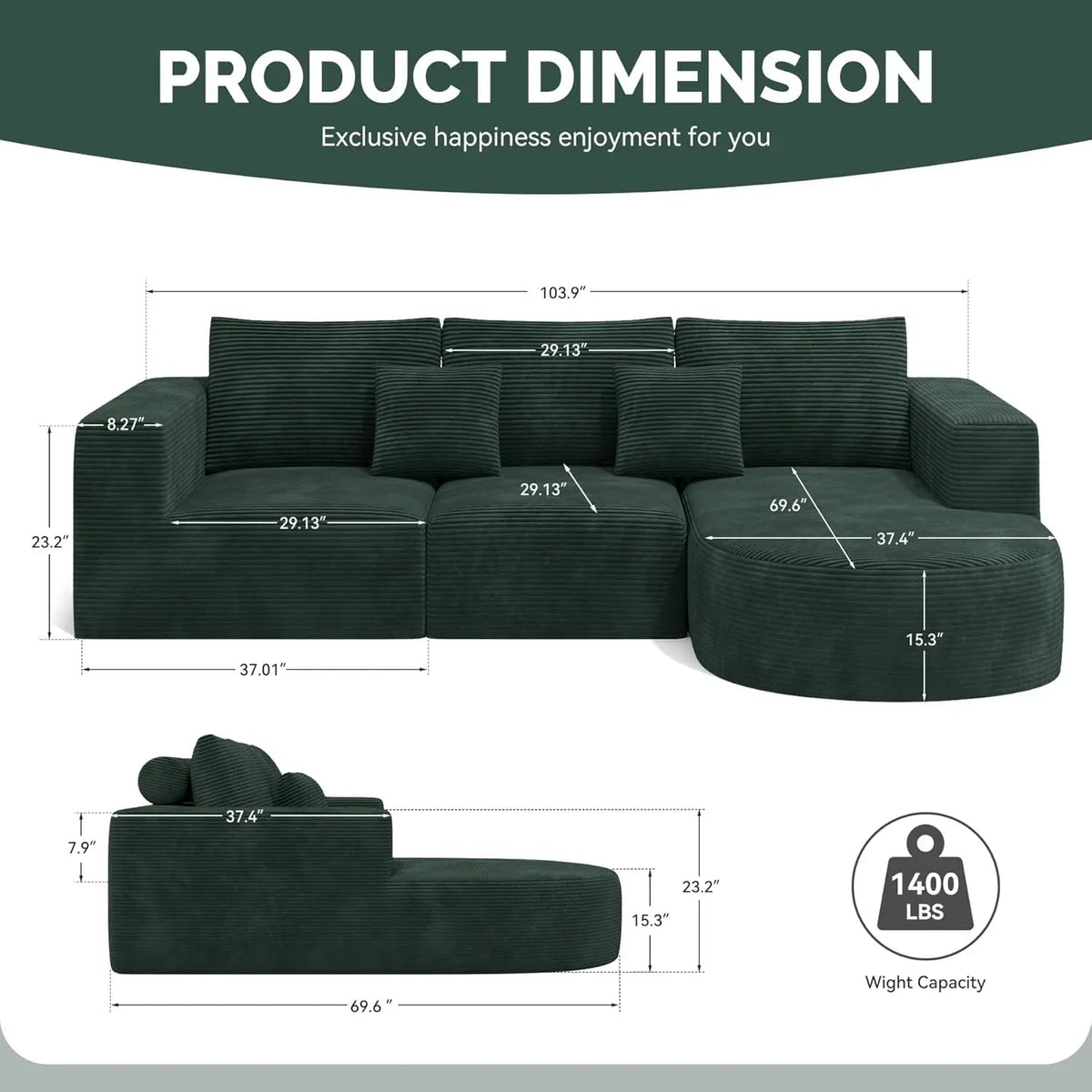 Modular Sectional Sofa L-Shape Deep Seat Comfy Living Room Bedroom No Assembly 1PCS,Customized