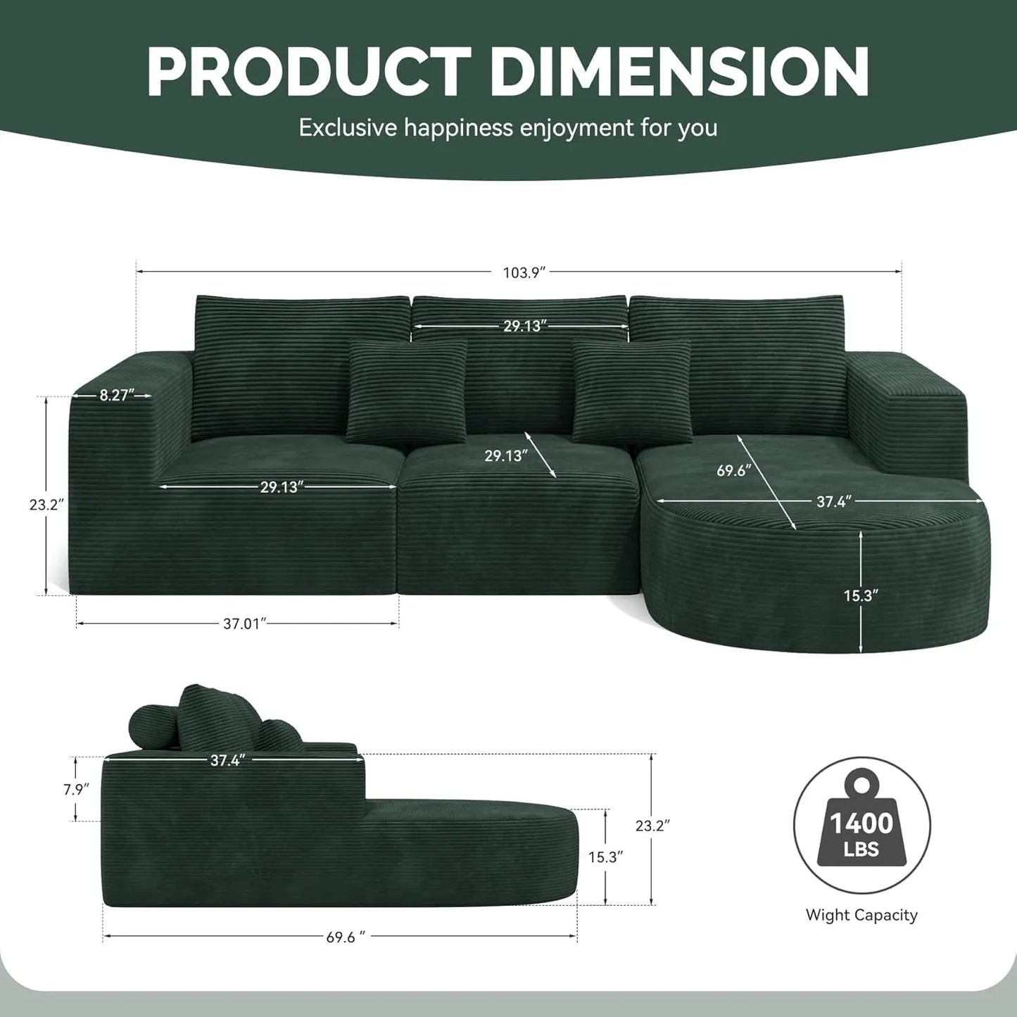 Modular Sectional Sofa L-Shape Deep Seat Comfy Living Room Bedroom No Assembly 1PCS,Customized