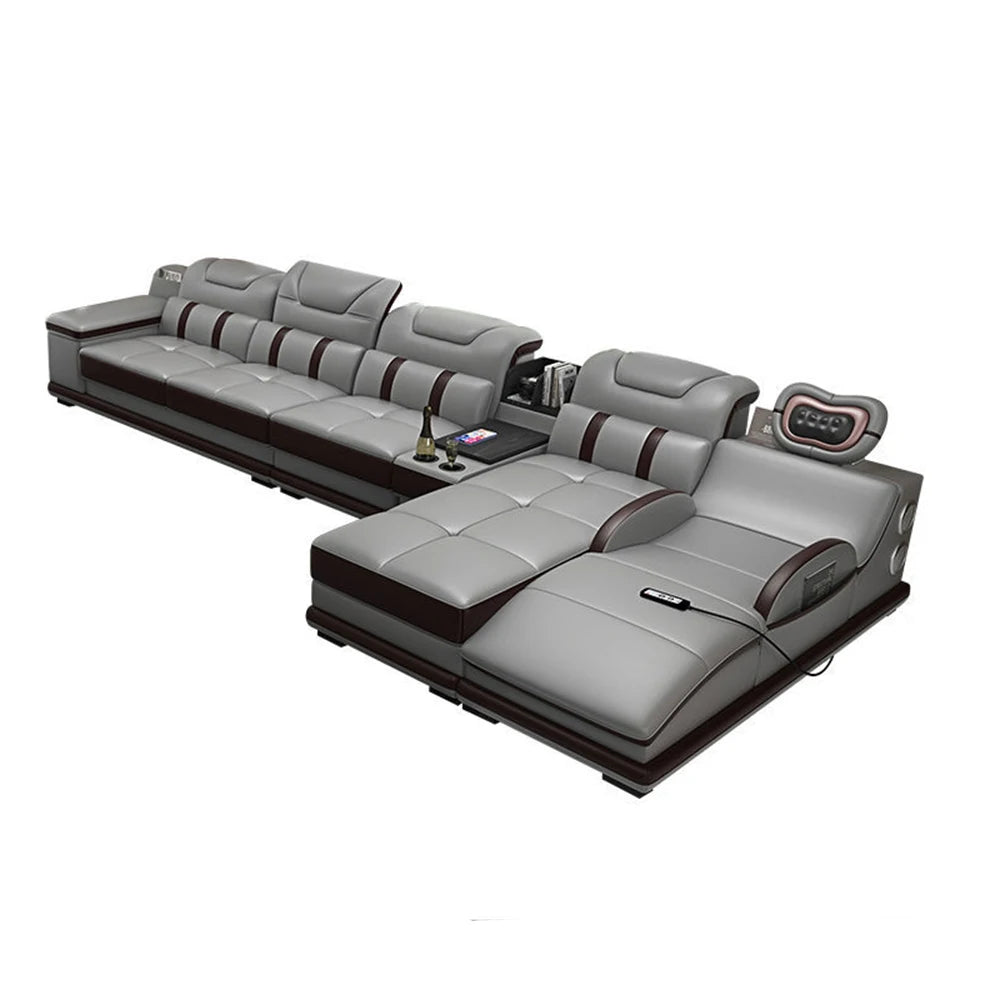Linlamlim Italian Genuine Leather Sectional Sofa with Bluetooth, Speaker, Functional Headrest, Massage Chaise | Big Corner Couch