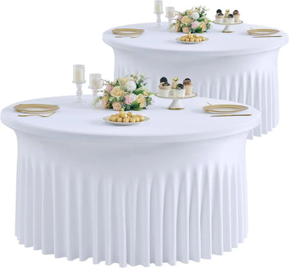 5ft 6ft Elastic Ruffled Round Spandex Table Cover,Stretch Skirt Table Cloth for Wedding Party Dinning Banquet Event Hotel