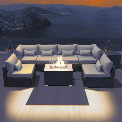 Fire Table Set Sectional Outdoor Furniture Propane Firepit Dark Brown Rattan Outdoor Sofa Set (with a rectangular/square table)