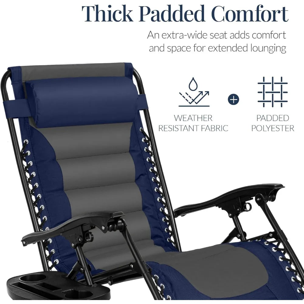"large cushioned zero gravity patio chair with folding feature and xl size, ideal for outdoor relaxation with headrest and cup h