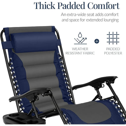 "large cushioned zero gravity patio chair with folding feature and xl size, ideal for outdoor relaxation with headrest and cup h