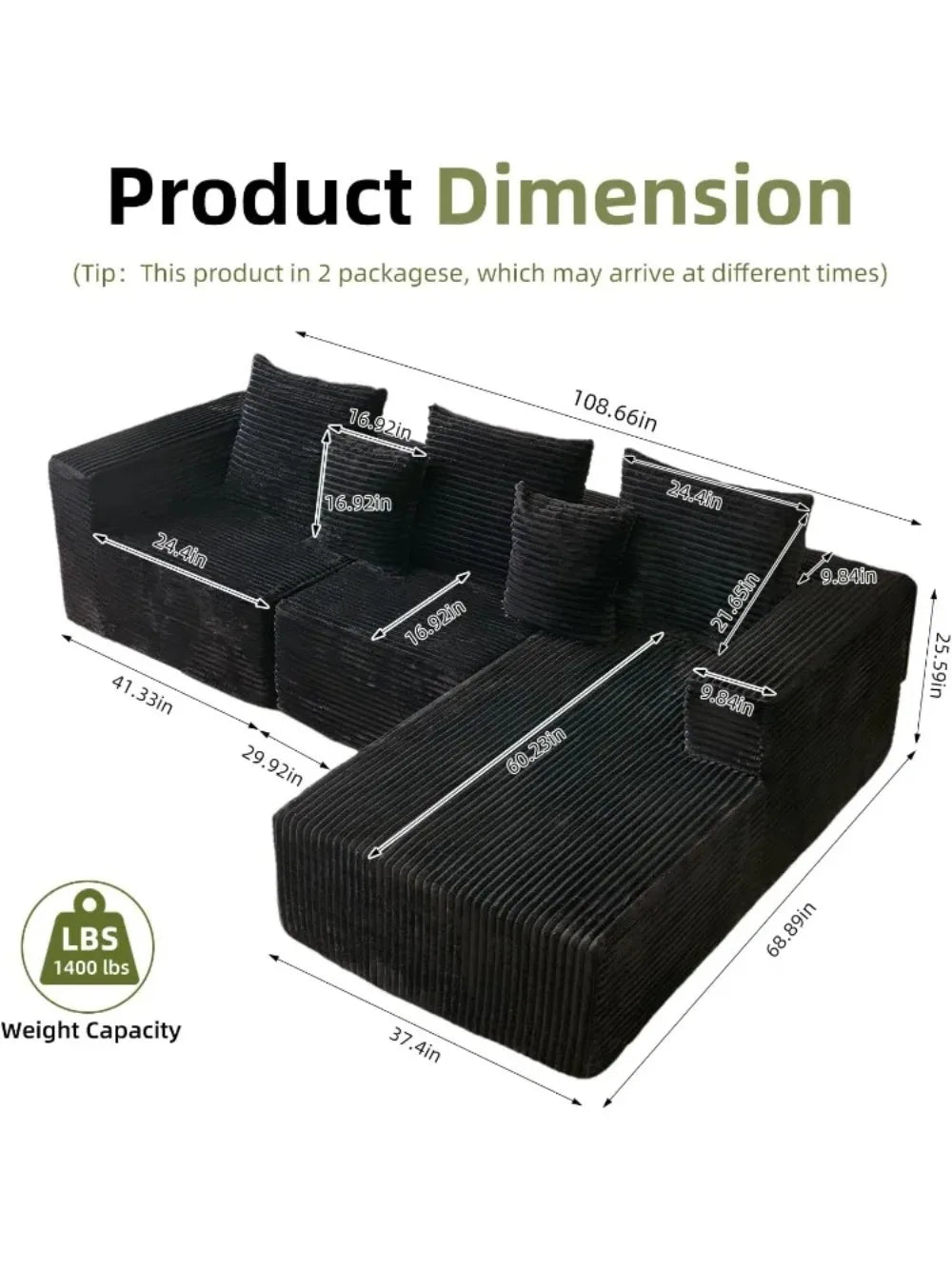 108'' Sectional Couches for Living Room, Boneless Cloud Couch, L Shaped Couch w/Stripe, Modular Sectional Sofa w/Flannel Fabrics