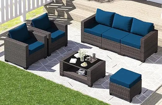 7-piece outdoor patio set, rattan chairs, glass table, wicker sectional for conversation seating