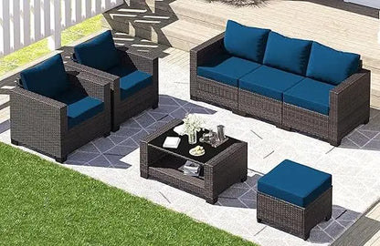 7-piece outdoor patio set, rattan chairs, glass table, wicker sectional for conversation seating