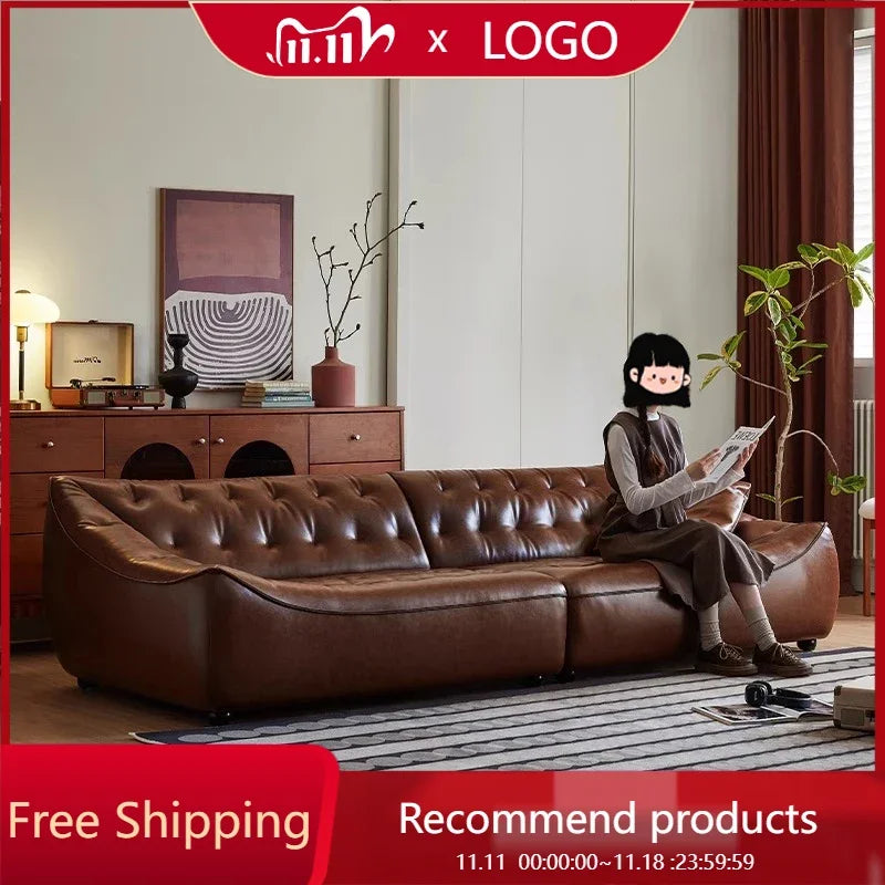 Retro oil wax leather sofa, small apartment living room straight row sofa, large sitting depth movable backrest medium ancient