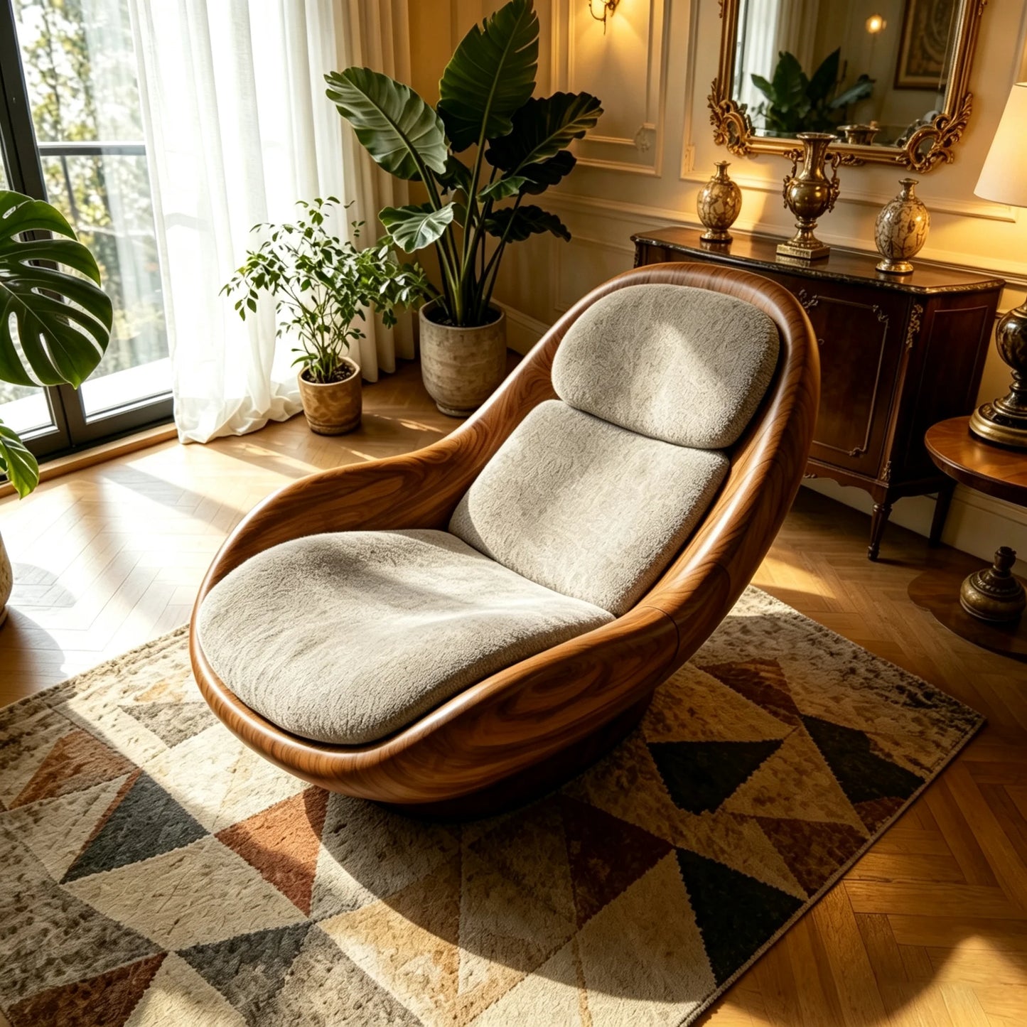 Modern Luxury Swivel Accent Chair with Sculptural Walnut Frame and Soft Boucle Upholstery