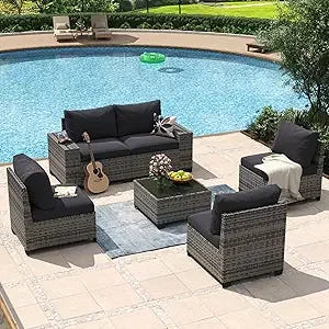 8 Piece Patio Furniture Set with 44” Fire Pit Table Wicker Rattan Outdoor Sectional Sofa Set with Coffee Table and Thickened Cu