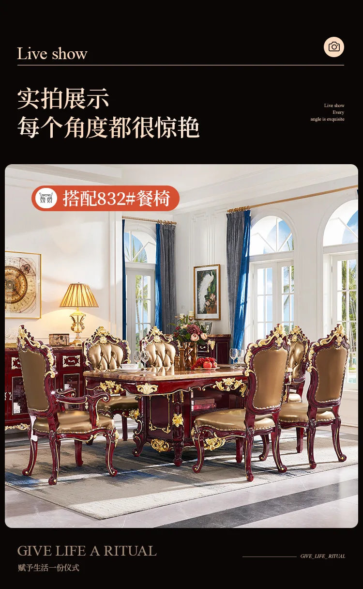 HLZ European Style Solid Wood Dining Table with Marble Top for Home Use, Villa Large Dining Table and Chair Set