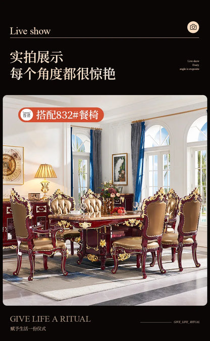 HLZ European Style Solid Wood Dining Table with Marble Top for Home Use, Villa Large Dining Table and Chair Set